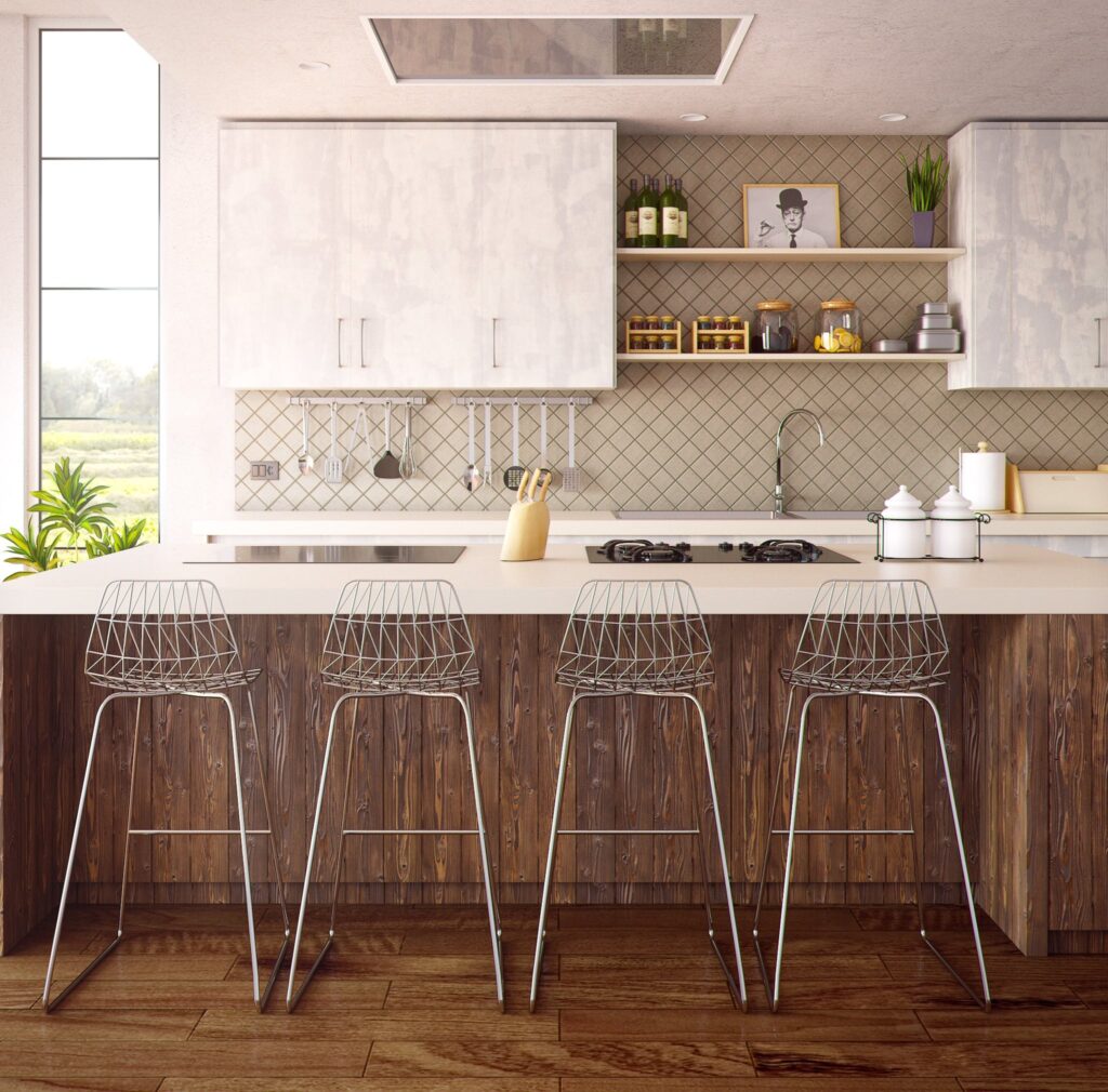 Four Gray Bar Stools in Front of Kitchen Countertop